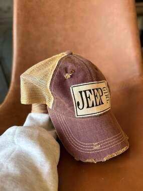 Headmost Jeep Girl Distressed Vintage Maroon and Tan Trucker Hat